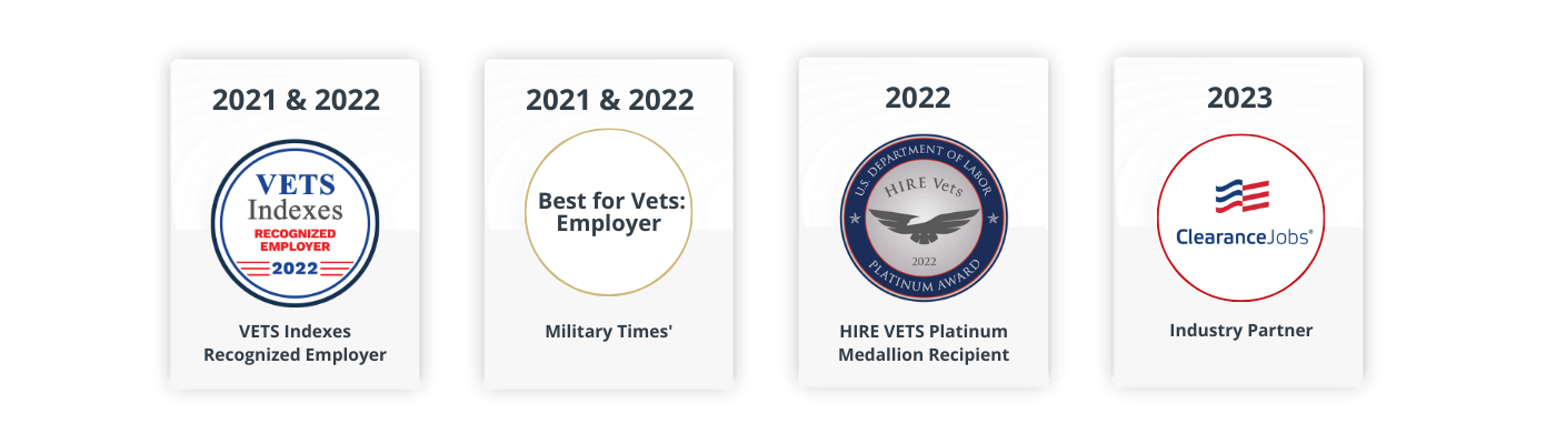 badges of military awards won by SkillStorm including VETS Indexes, HIRE VETS Platinum Medallion and Military Times